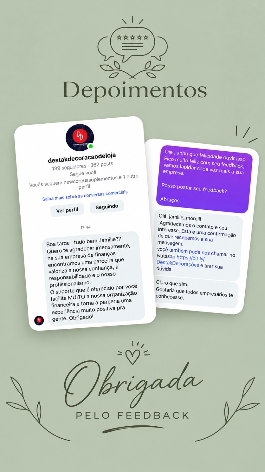 Conversa no Instagram com o feedback da Destak Decoração de Loja sobre a parceria com Jamille Morelli