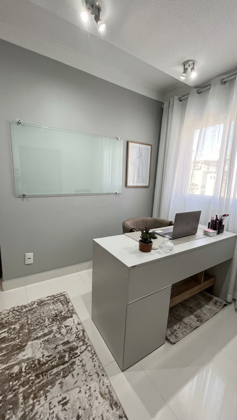 Escritório com mesa cinza, notebook, uma planta sobre a mesa, cadeira estofada e uma lousa de vidro fosco na parede